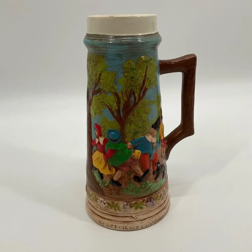 Vintage Beer Stein Les Schirz Kurhaus German Style Raised Relief Folk Ceramic